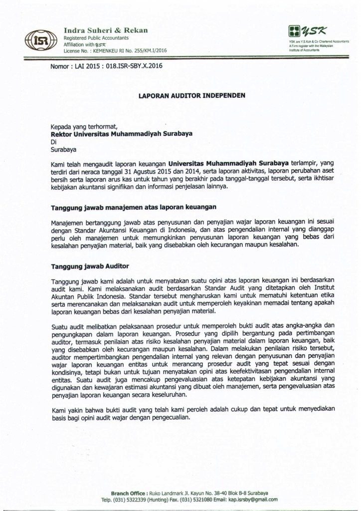 Hasil Audit Eksternal Laporan Keuangan Universitas Muhammadiyah Surabaya Periode 2014 2015 Biro Administrasi Keuangan