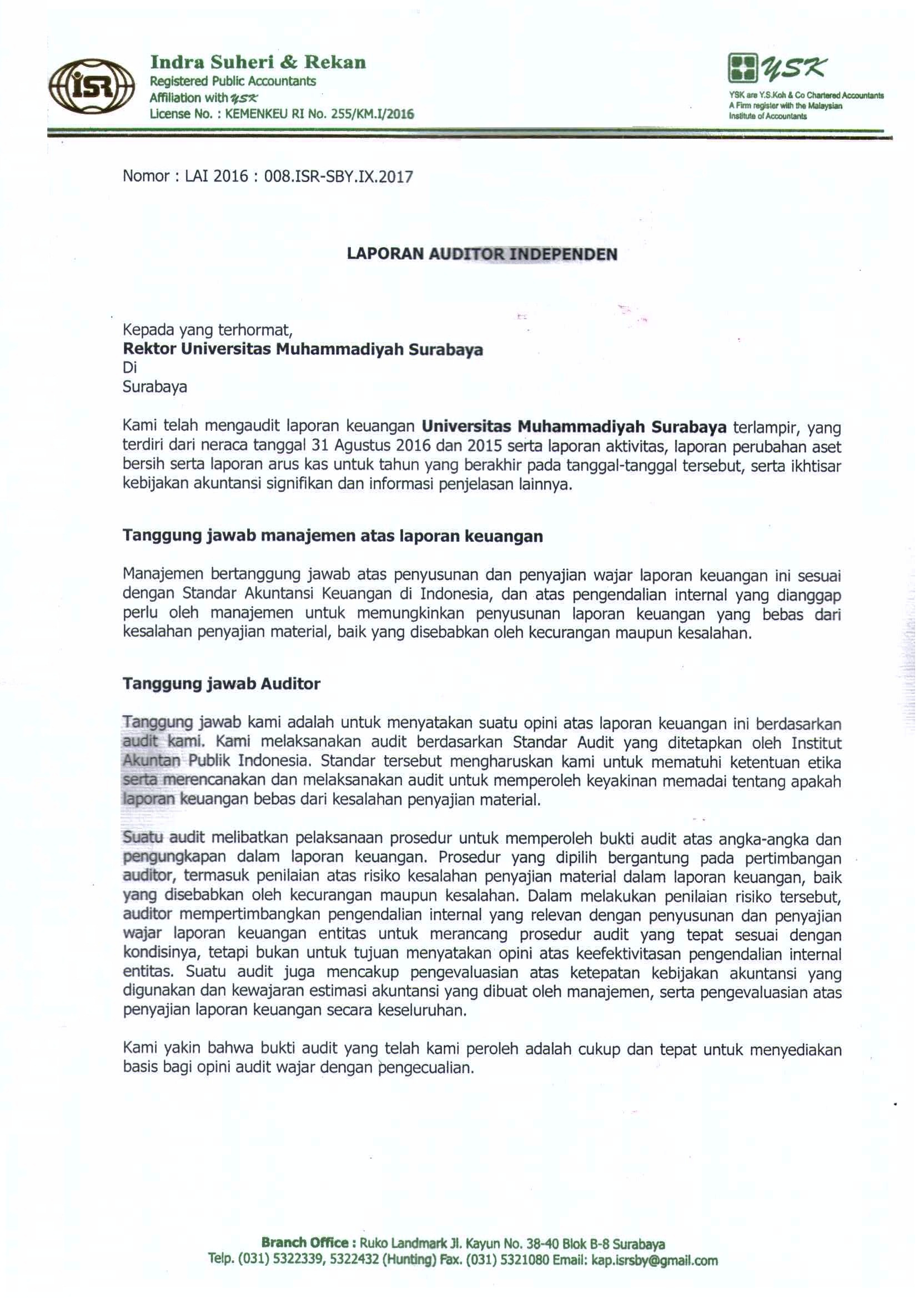 Hasil Audit Eksternal Laporan Keuangan Universitas Muhammadiyah Surabaya Periode 2015 2016 Biro Administrasi Keuangan
