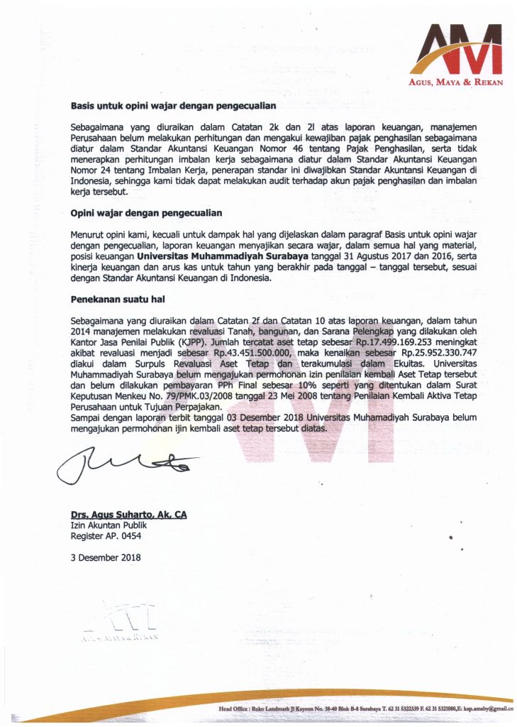 Hasil Audit Eksternal Laporan Keuangan Universitas Muhammadiyah Surabaya Periode 2016 2017 Biro Administrasi Keuangan